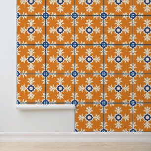 Papier Peint Carreau espagnol méditerranéen bleu orange brûlé d