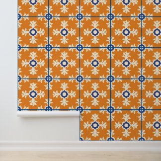 Papier Peint Carreau espagnol méditerranéen bleu orange brûlé d