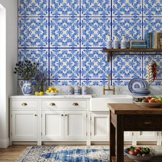 Papier Peint Carreau floral bleu blanc Décor mural méditerranée
