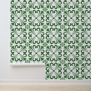 Papier Peint Carreau marocain floral aquarelle vert forêt blanc