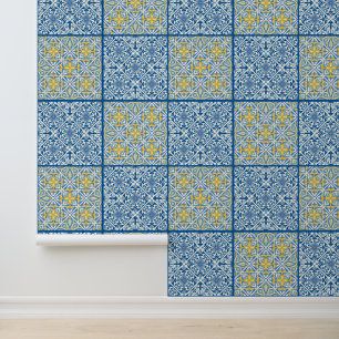 Papier Peint Carreau marocain méditerranéen or bleu sarcelle mu