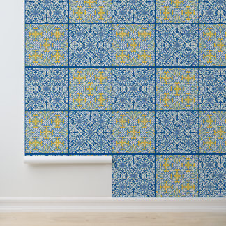 Papier Peint Carreau marocain méditerranéen or bleu sarcelle mu