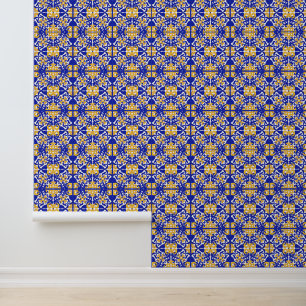 Papier Peint Carreau Méditerranéen Bleu Jaune à Coller sur le M