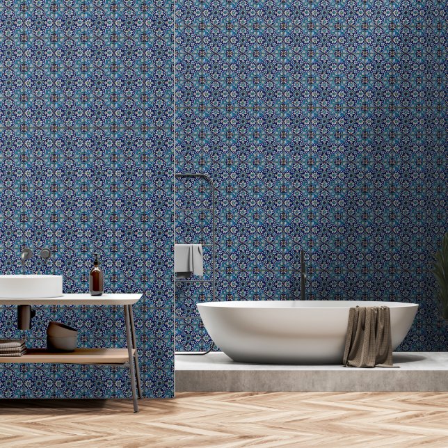 Papier Peint Carreaux bleus floraux (Salle de bain)