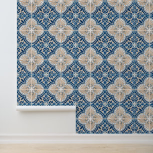 Papier Peint Carrelage bleu méditerranéen traditionnel