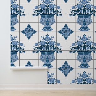 Papier Peint Carrelage d'arrangement floral blanc et bleu