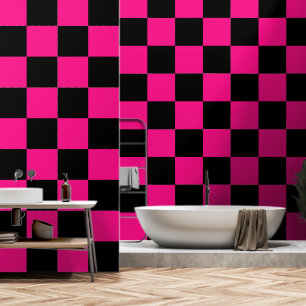 Papier Peint Carrés à carreaux rose chaud noir géométrique rétr