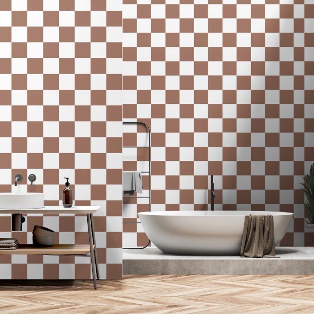 Papier Peint Carrés Checker mocha brun blanc géométrique rétro (Salle de bain)
