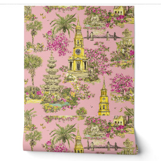 Papier Peint Cathédrale et fontaine aux fleurs de cerisier rose