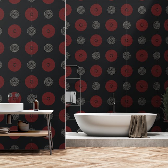 Papier Peint Cercles Art Déco rouges et blancs modernes (Salle de bain)