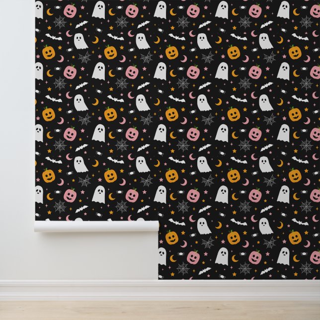 Papier Peint Chat-araignée Citrouille rose et orange d'Hallowee (Application)