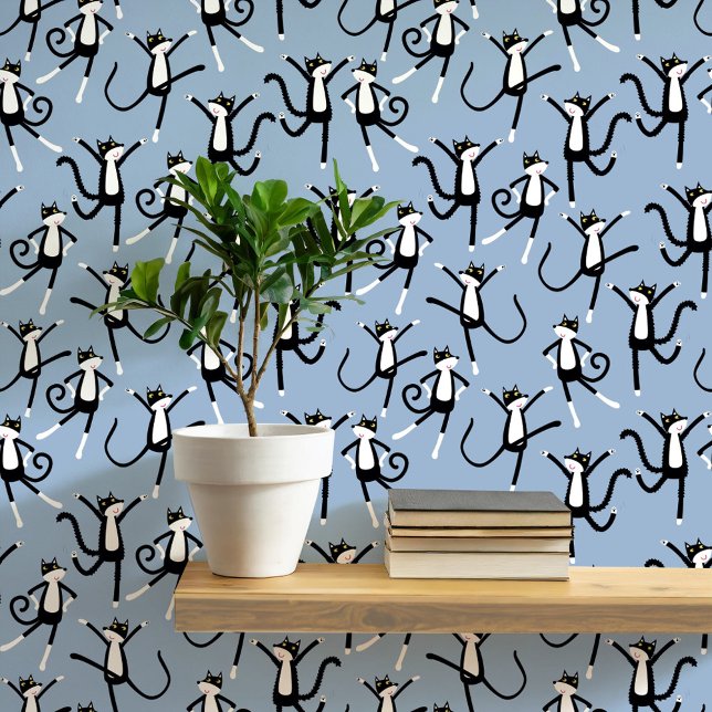 Papier Peint Chat de danse Motif bleu (Fun black and white tuxedo cat pattern blue peel and stick art wallpaper)