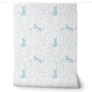 Papier Peint Chat joueur et motif de boule de laine bleu clair