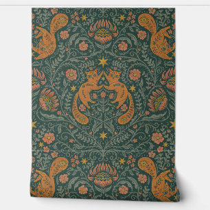 Papier Peint Chats bohèmes raffinés - Moody Turquoise & Orange