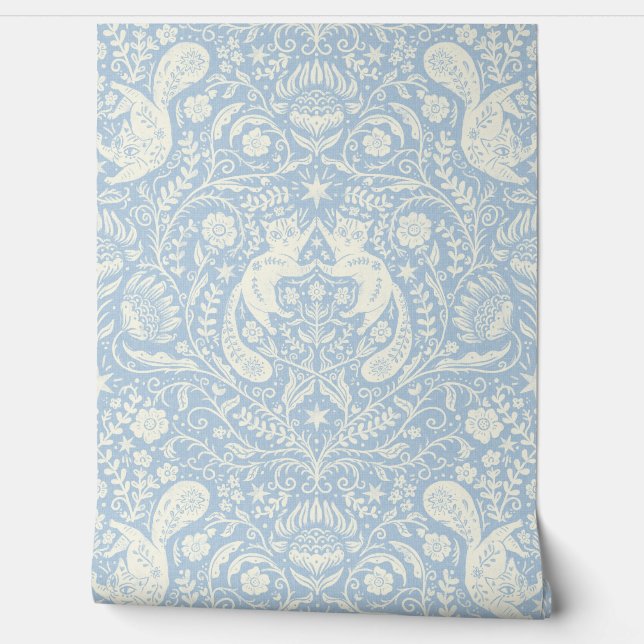 Papier Peint Chats de Bohême raffinés - Bleu Fog (Déroulement)