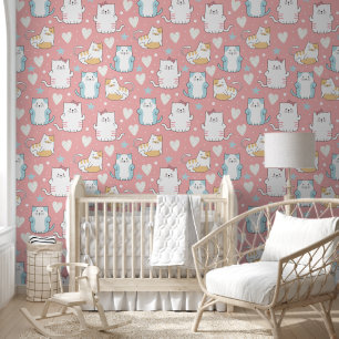 Papier Peint Chats mignons avec Coeurs, Main Tirée