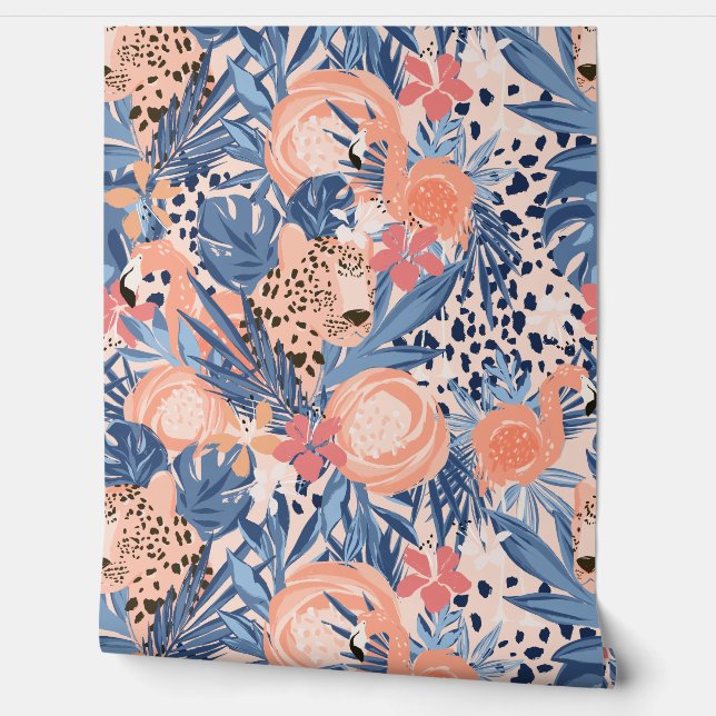 Papier Peint Cheetah rose vif et Flamant rose Tropical (Déroulement)