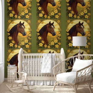 Papier Peint Cheval Entouré De Fleurs Jaunes De Jasmin