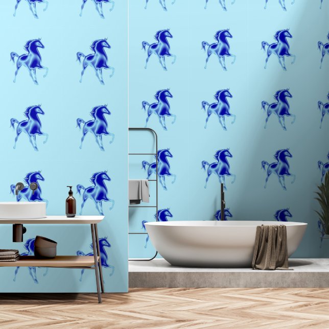 Papier Peint Cheval Peinture Bleue Art (Salle de bain)