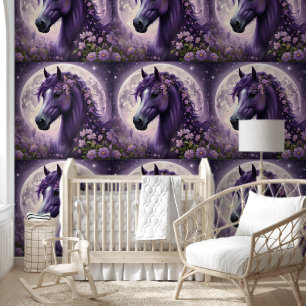 Papier Peint Cheval Violet Avec Lune Et Fleurs,