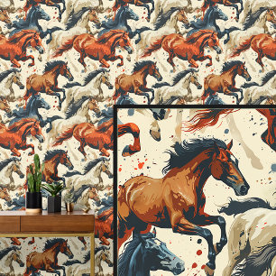 Papier Peint Chevaux au Galop Marron Crème Blanc