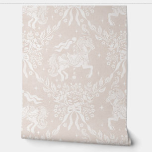 Papier Peint Chevaux de carrousel et florales rococo beige crém