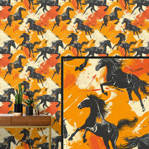 Papier Peint Chevaux noirs galopants sur Crème Orange 