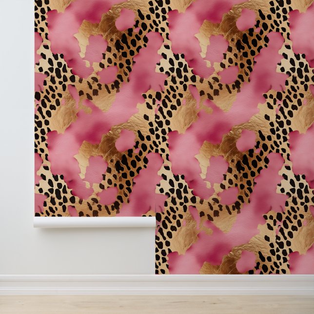 Papier Peint Chic Abstrait Black Gold Pink Leopard (Application)
