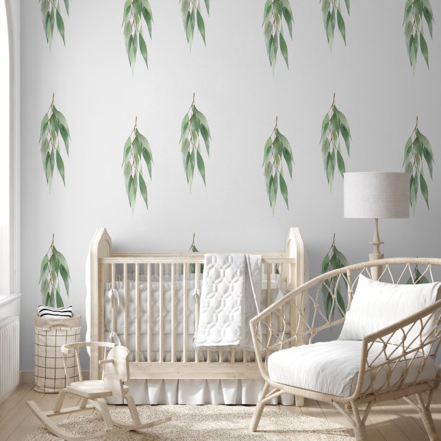Papier Peint Chic Blanc Vert Naturel Eucalyptus Feuilles (Enfants)