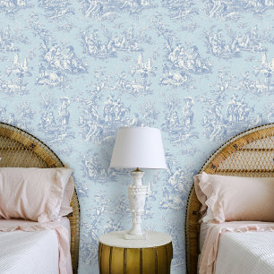 Papier Peint Chic Vintage Bleu Gris Toile de Jouy Scénique