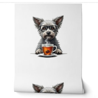 Papier Peint Chien Vintage tenant une tasse de thé avec des lun