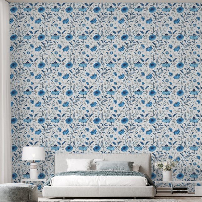 Papier Peint Chinoiserie Blue Echinacea Pattern (Chambre à coucher)