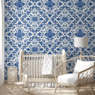 Papier Peint Chinoiserie Florale Bleue Aquarelle Blanche