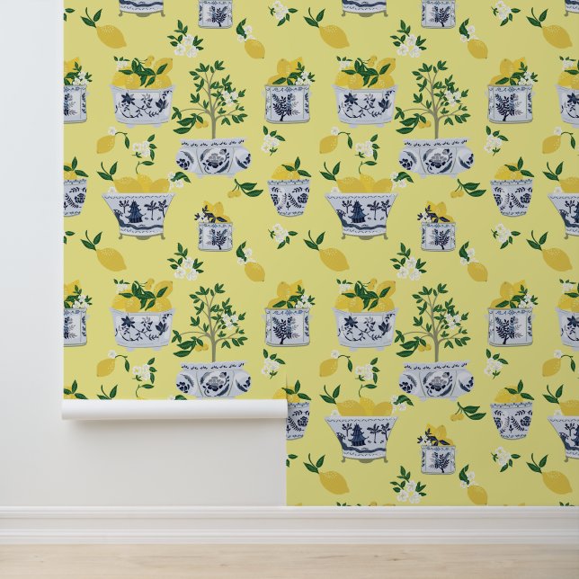 Papier Peint Chinoiserie Jaune Ginger Jar Lemon Trees Jaune (Application)