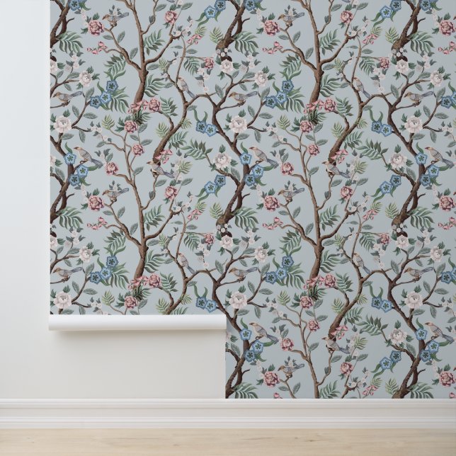Papier Peint Chinoiserie Peony Fleurs, Arbres & Oiseaux gris cl (Application)