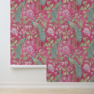 Papier Peint Chinoiserie rose paon peigne et bâton floral