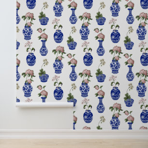Papier Peint Chinoiserie vases bleus et fleurs