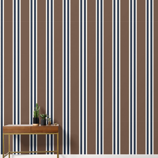 Papier Peint Chocolat et marine rayure double rugby (Couloir)