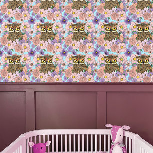 Papier Peint Chouette aux fleurs pastel de printemps