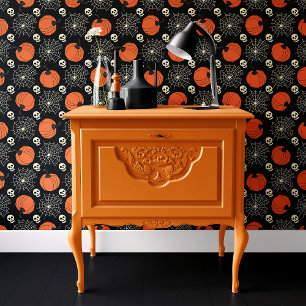 Papier Peint Citrouille noire Crâne Araignée Toile Halloween