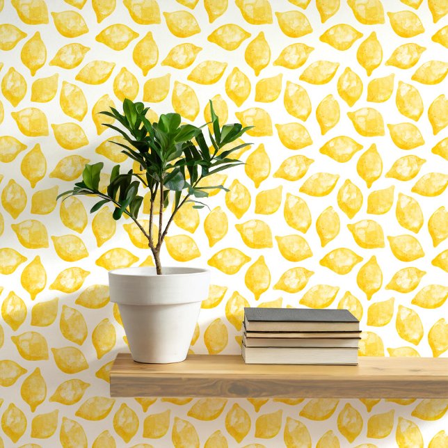 Papier Peint Citrus Citron Méditerranée Jaune Aquarelle blanche (Mediterranean citrus lemon watercolor peel and stick art wallpaper)