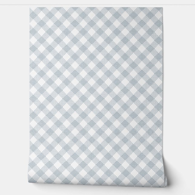 Papier Peint Classic Buffalo Check Plaid White n Dusty Blue (Déroulement)