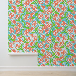 Papier Peint Clé grecque florale maximaliste corail lime et aqu