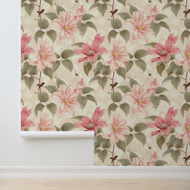 Papier Peint Clematis fleur floraison liana avec oiseaux & abei (Application)