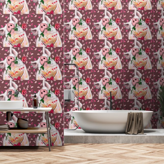 Papier Peint Cochon romantique avec Rose drôle (Salle de bain)