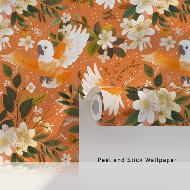 Papier Peint Cockatoès floral en Orange Bloom (Créateur téléchargé)