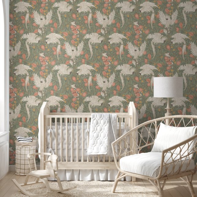 Papier Peint Cockatoo and Pomegranate in sage green  (Enfants)