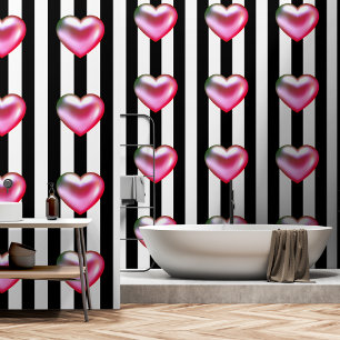 Papier Peint Coeur 3d rose chaud noir rayures blanches