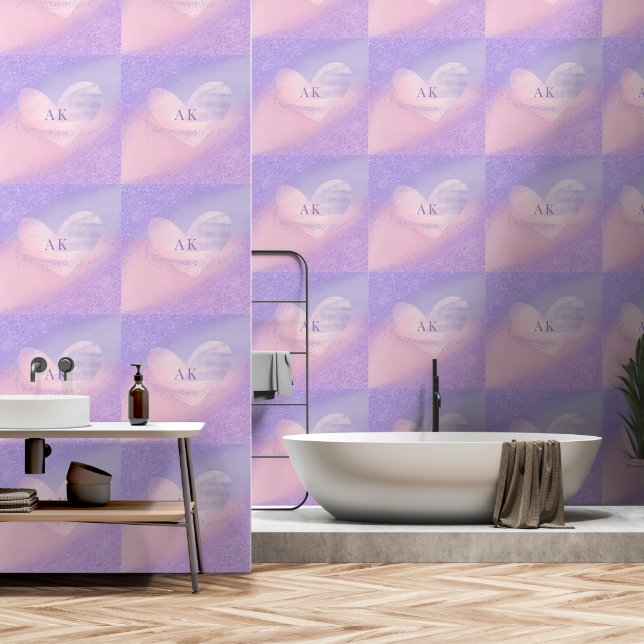 Papier Peint Cœur dégradé violet rose Monogramme  (Salle de bain)