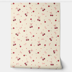 Papier Peint Coeurs de cerises rouges mignons Bows sur crème